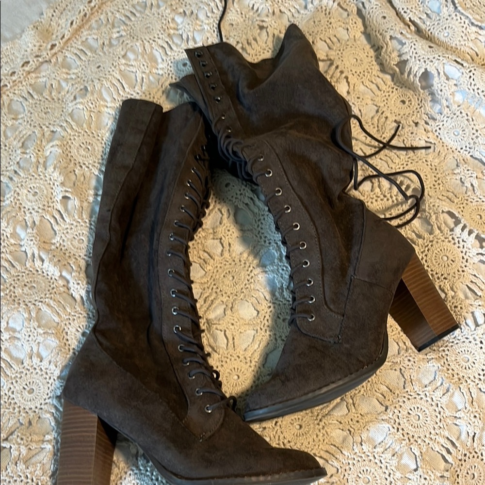 Grey Lace-Up Knee-High Boots